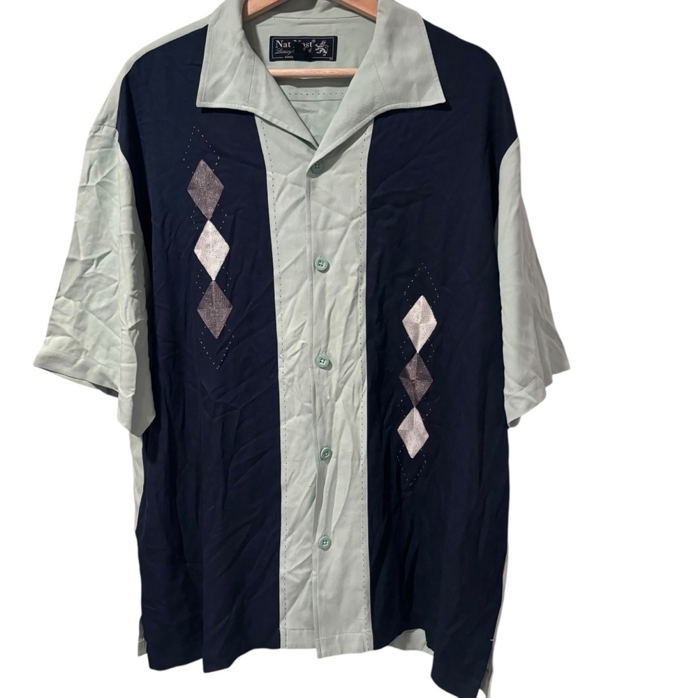 Nat Nast Navy Silk Retro Vintage Green Diamond Pattern Shirt Size Large